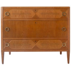 Carl Cederholm Attributed, Swedish Brass-Mounted Teak, Oak and Marquetry Commode