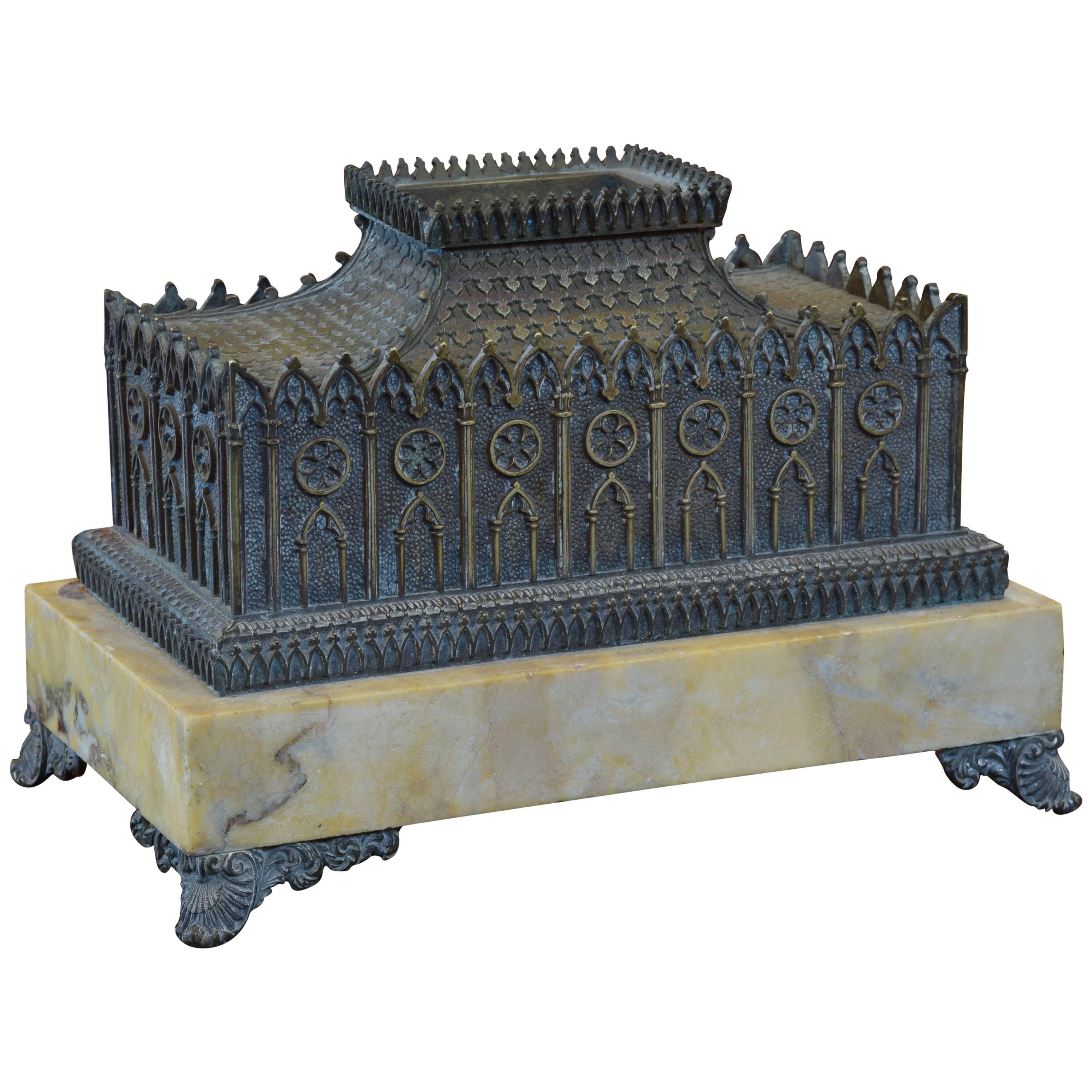 Italian Patinated Brass and Marble Architectural Model Inkwell, circa 1875
