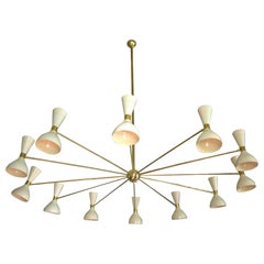 Twelve Arms Natural Patina Brass Chandelier, Ivory Pivoting Heads, Twin Bulbs