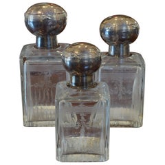 Antique Set of Three Cut & Etched Glass Decanters with Sterling Silver Tops, circa 1900