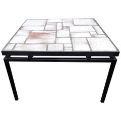 Mid-Century White, Beige Ceramic Coffee Table on Painted Metal Base