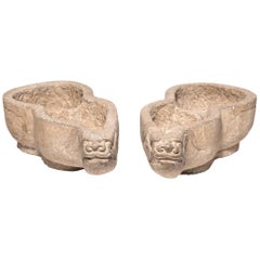 gourd planters Antique Pair of Chinese Mythical Gourd Stone Planters