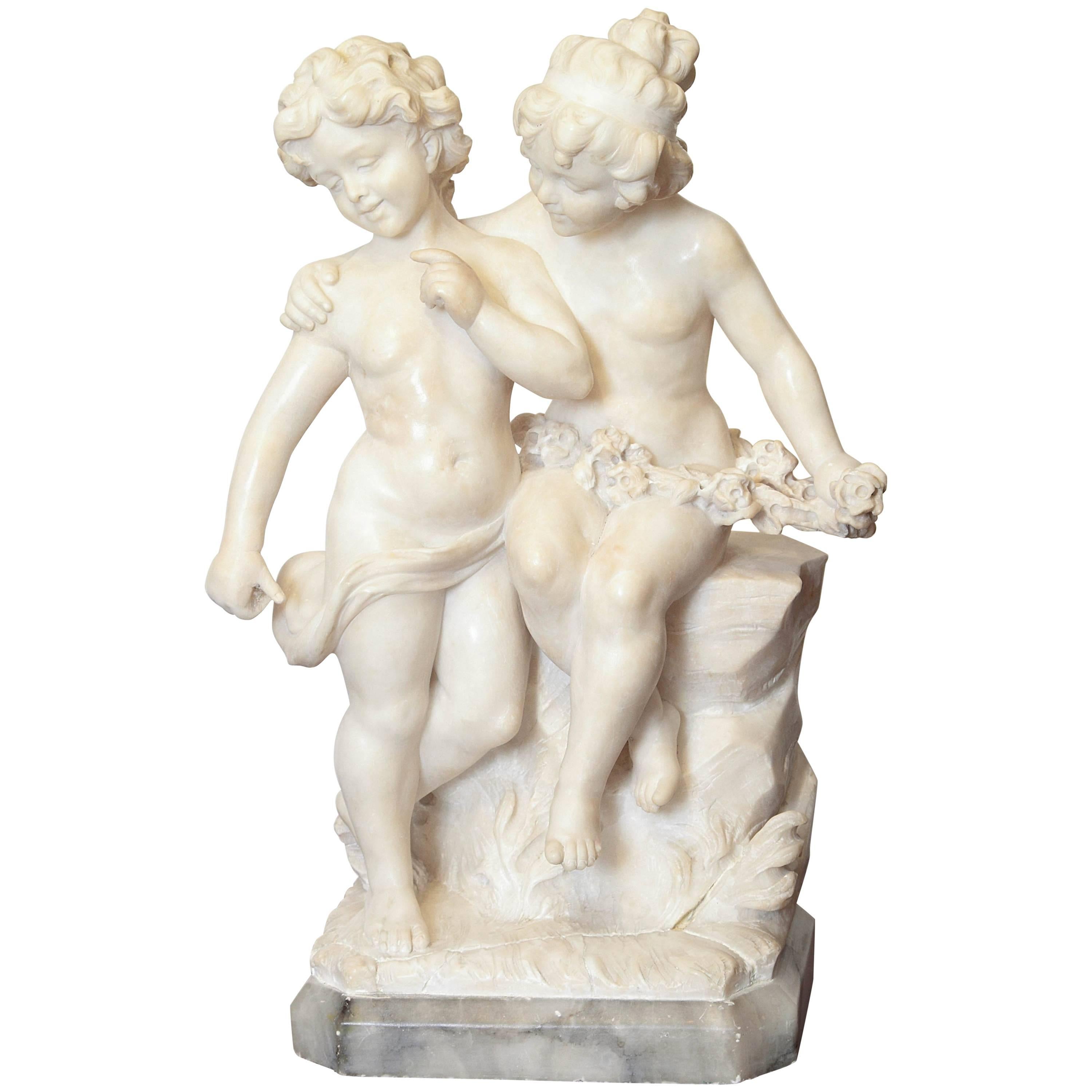 19th Century Italian Marble Sculpture of Two Children Sitting on a Wall
