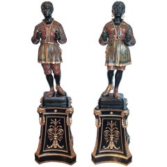 Pair of Palatial Rare Italian Venetian Blackamoors on Carved and Gilt Pedestals