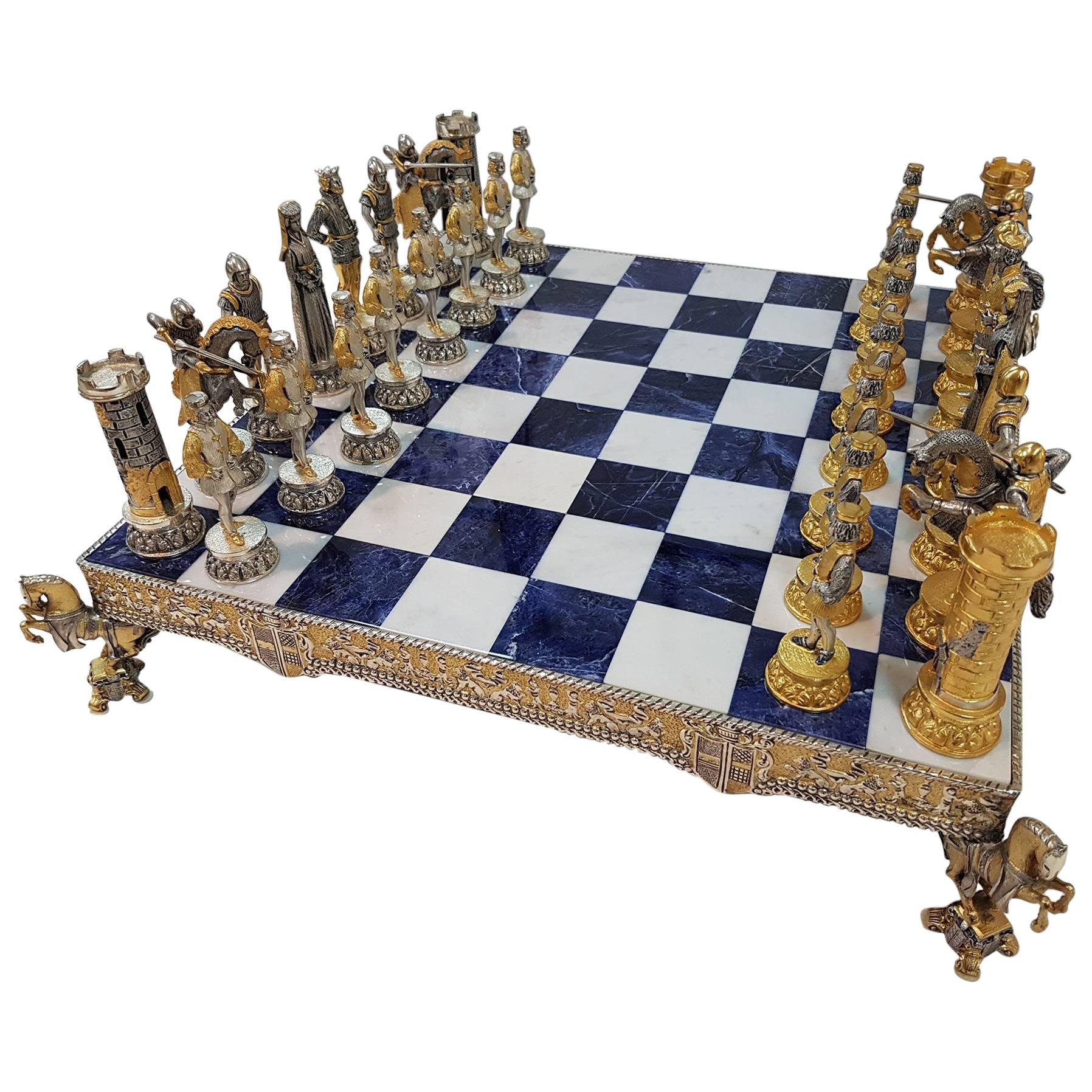 20th Century Italian Sterling Silver Chess Board, Chess Game sodalite ,marble 