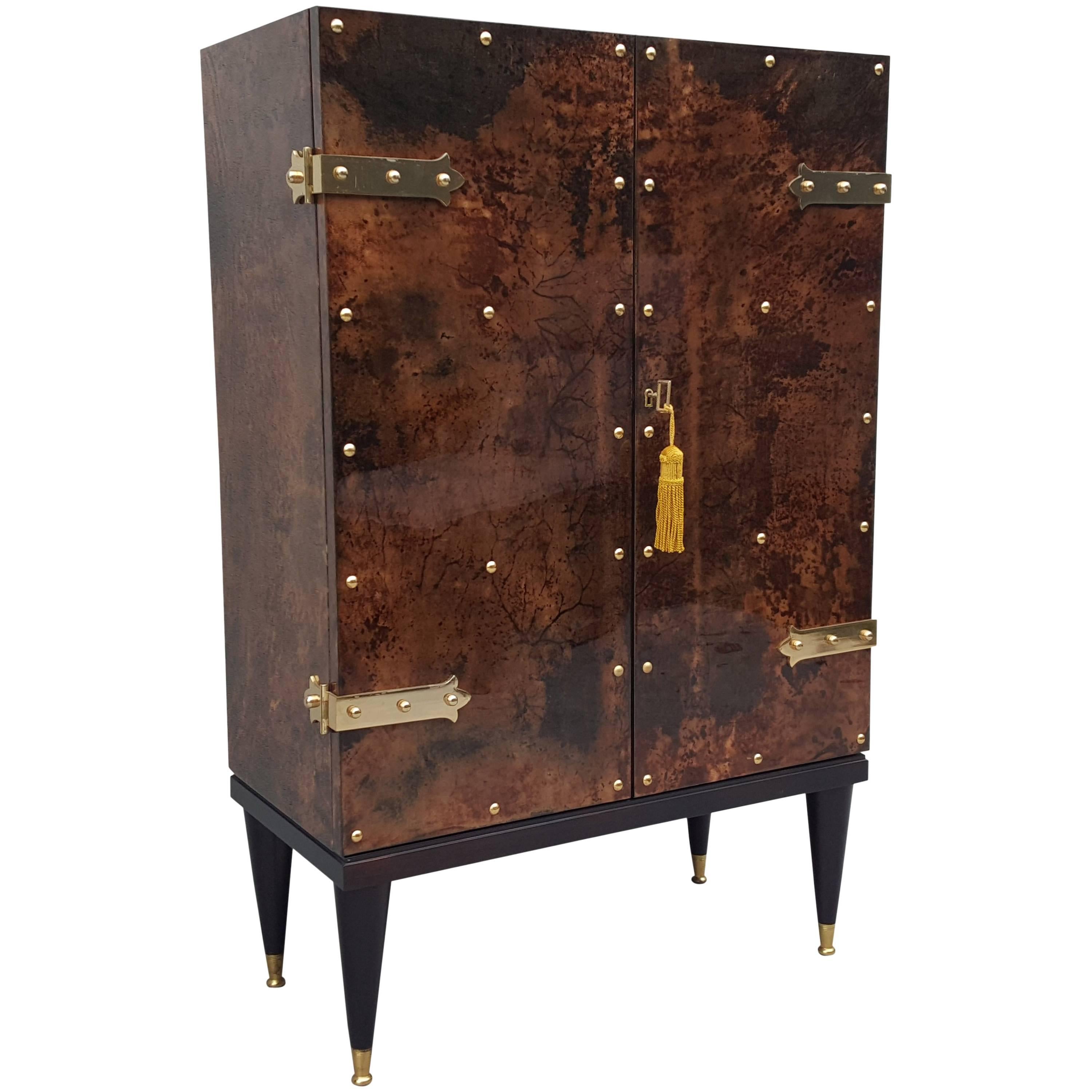 Mid-Century Modern, Goatskin Bar Cabinet by Aldo Tura For Sale