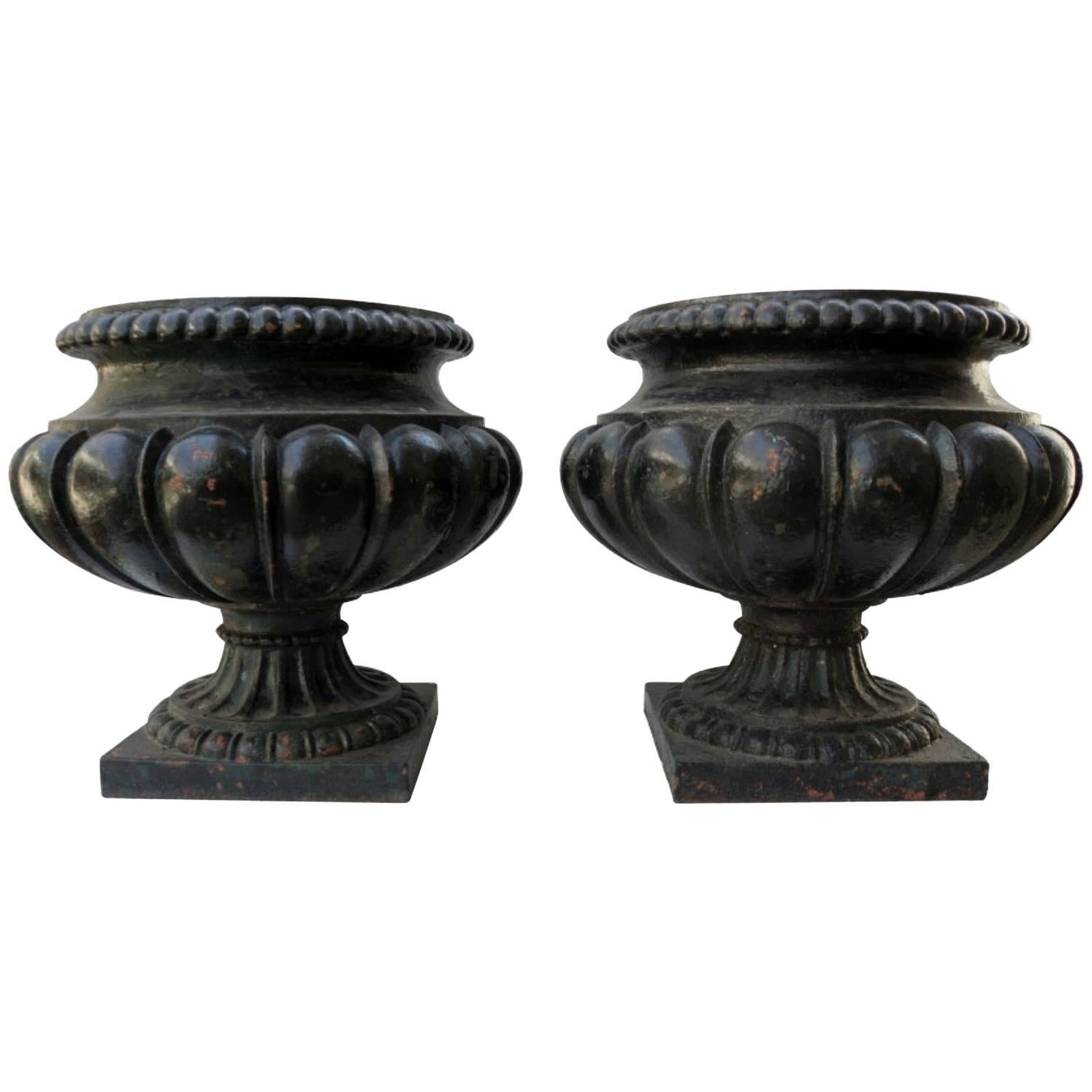 Antique French Black Cast Iron Urns