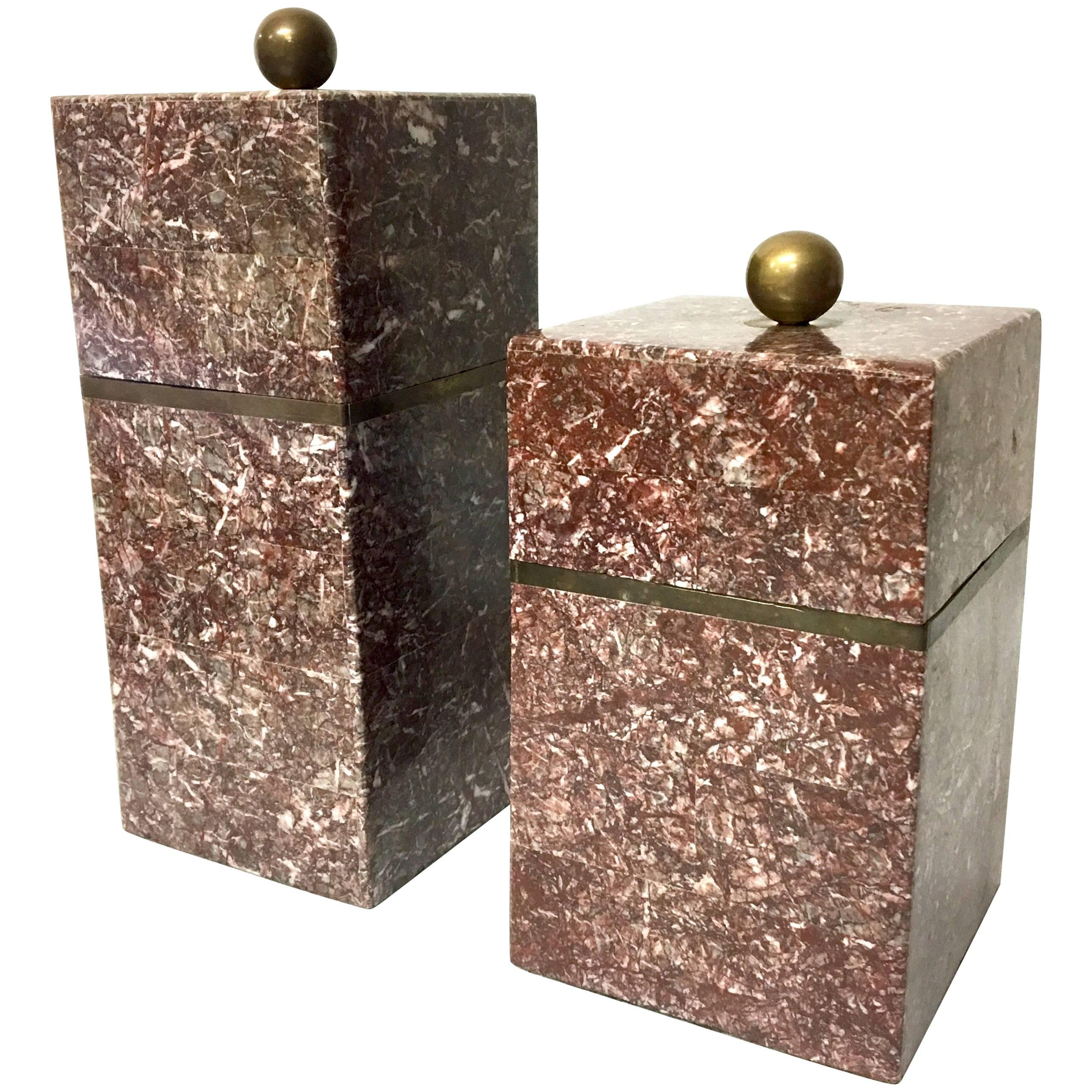 Pair of Marble and Brass Boxes by Marquis Collection of Beverly Hills
