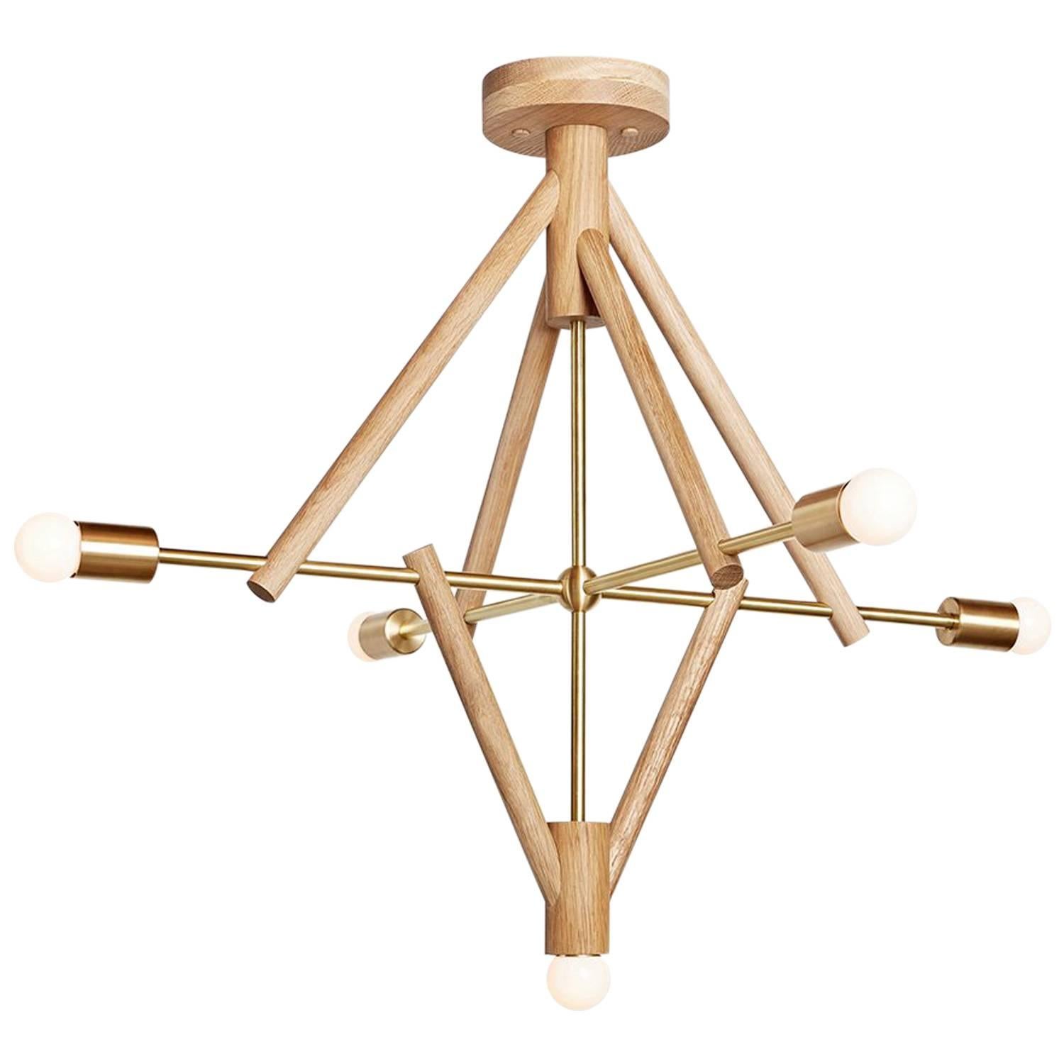 Workstead Lodge Chandelier Five in Natural Oak and Brass For Sale