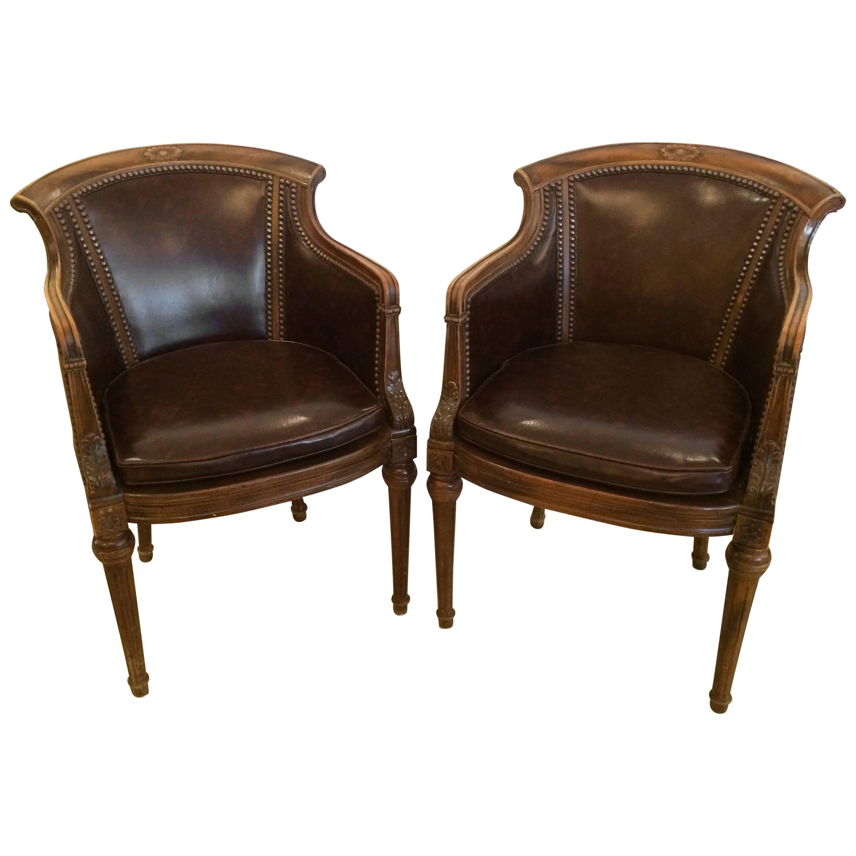Handsome Pair of Regency Style Walnut and Tortoise Leather Club Lounge Chairs