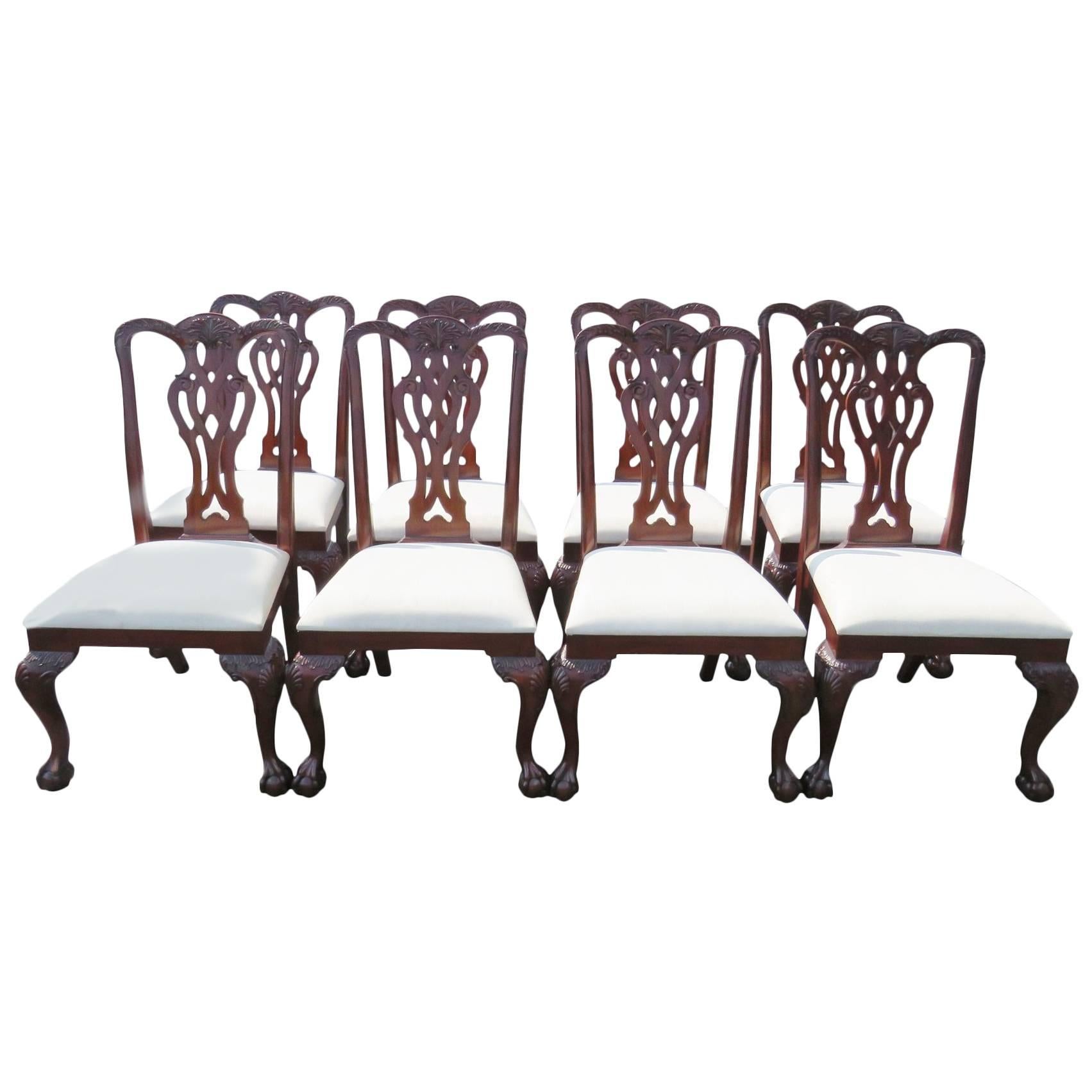 Eight Maitland Smith Mahogany Carved Side Chairs