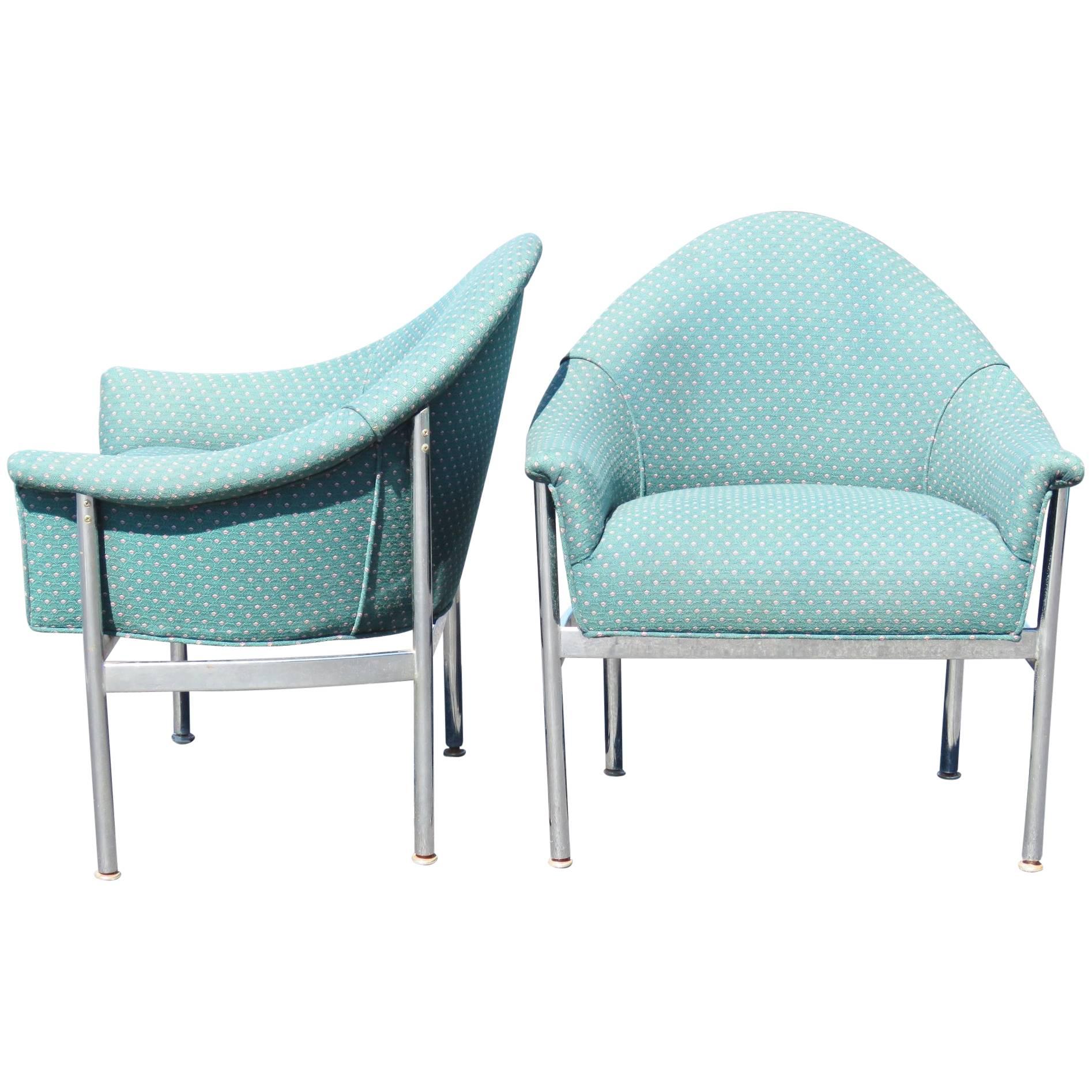 Pair of Modern Design Chrome and Upholstered Lounge Chairs