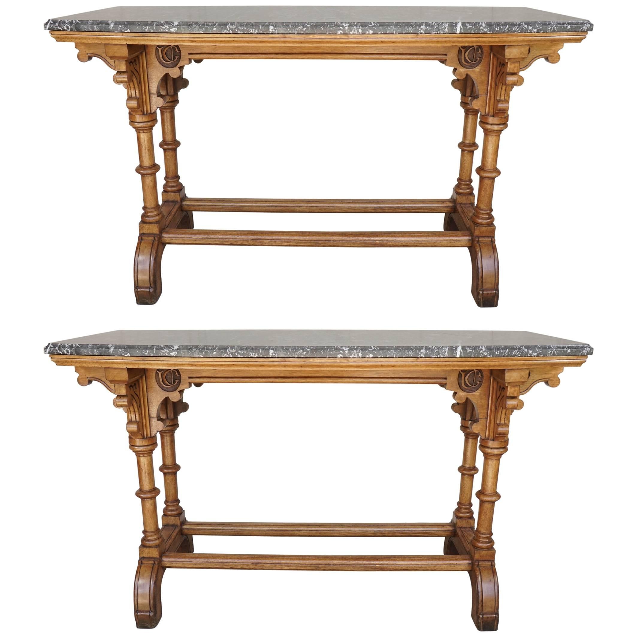 Pair of 19th Century English Reform Gothic Oak Marble Topped Console Tables