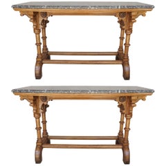 Pair of 19th Century English Reform Gothic Oak Marble Topped Console Tables