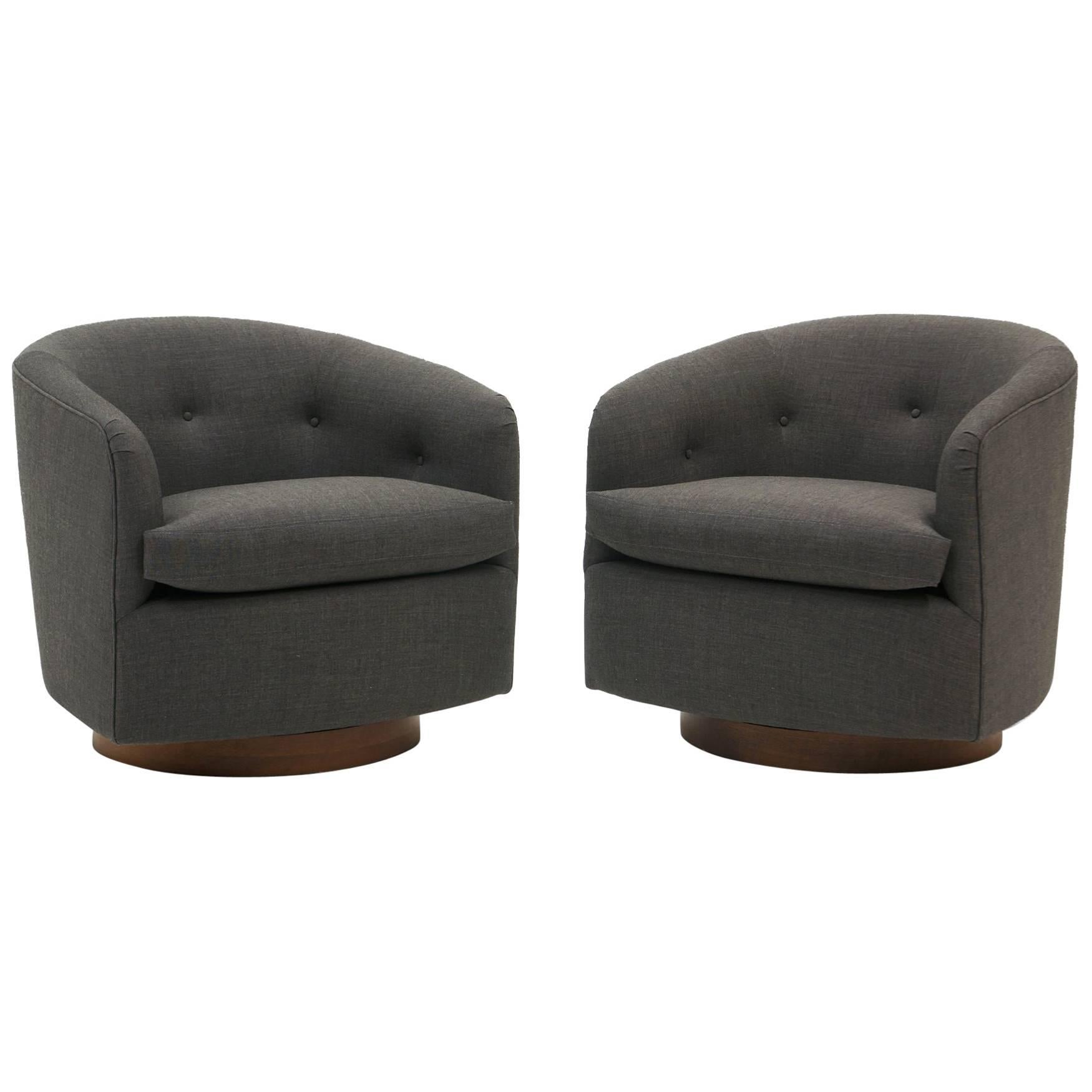 Pair of Milo Baughman Tilt Swivel Club Chairs, Charcoal Gray Maharam Fabric