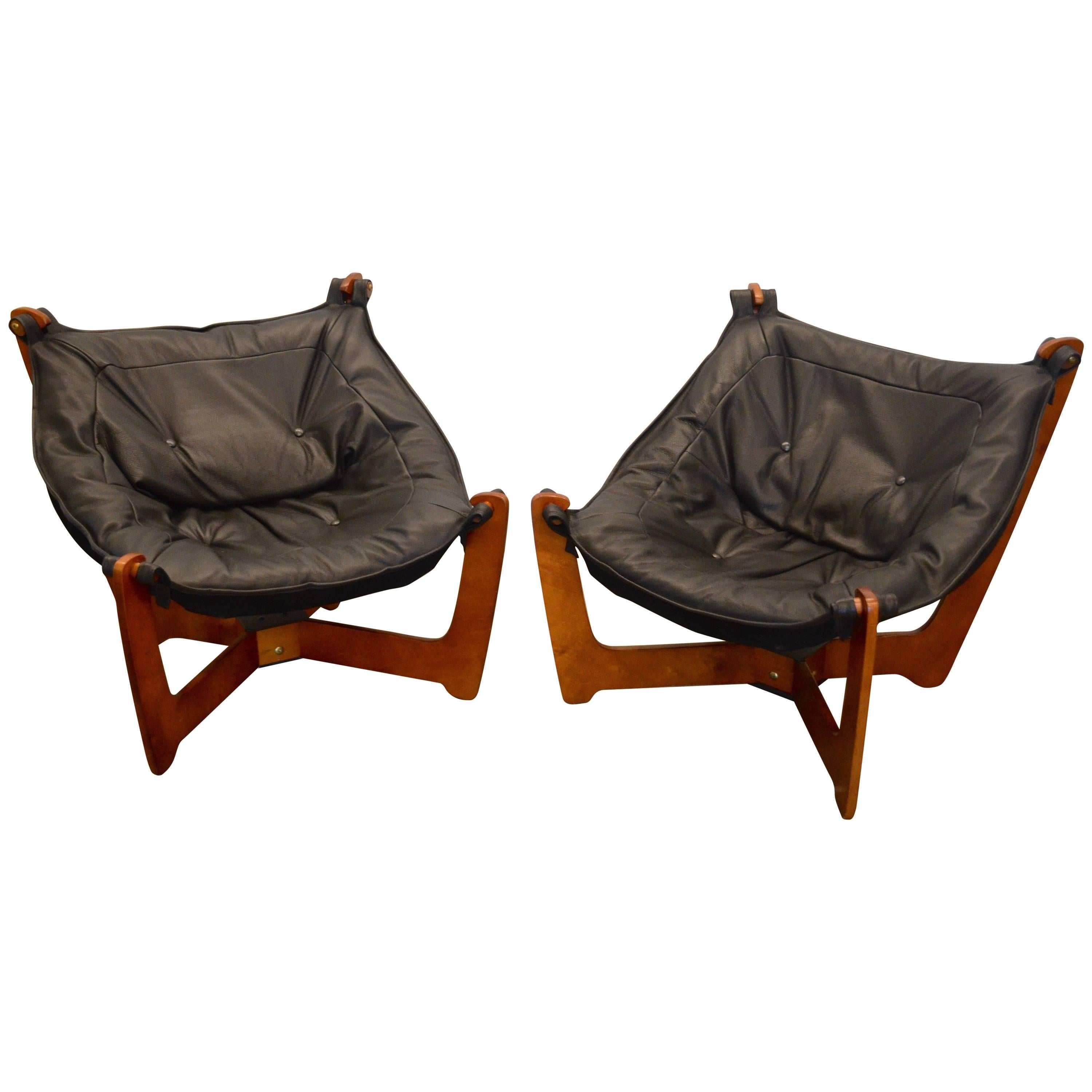 Odd Knutsen "Luna" Sling Chairs in New Black Leather and Suede