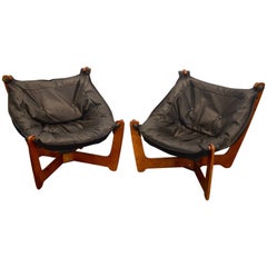 Retro Odd Knutsen "Luna" Sling Chairs in New Black Leather and Suede