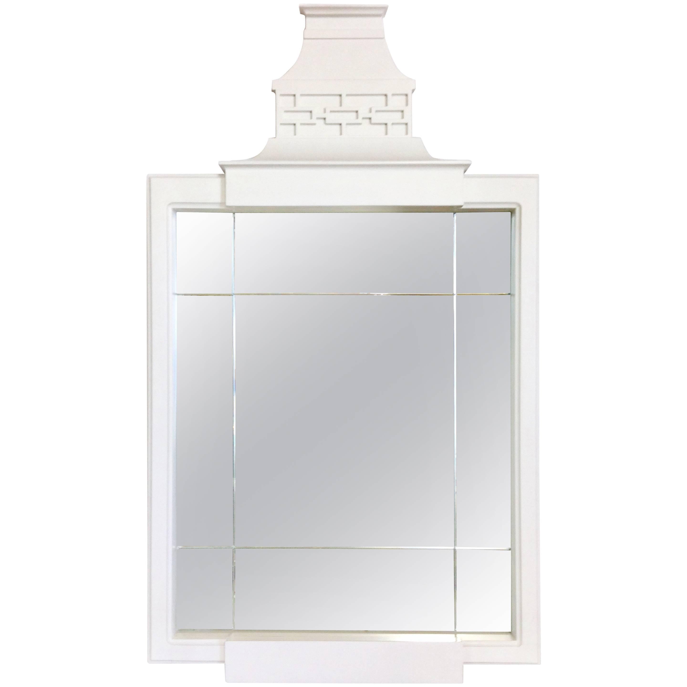 21st Century & New Lacquered White Wood Pagoda Style Mirror For Sale