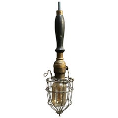 Industrial Caged Utility Light Pendant with Wood Handle