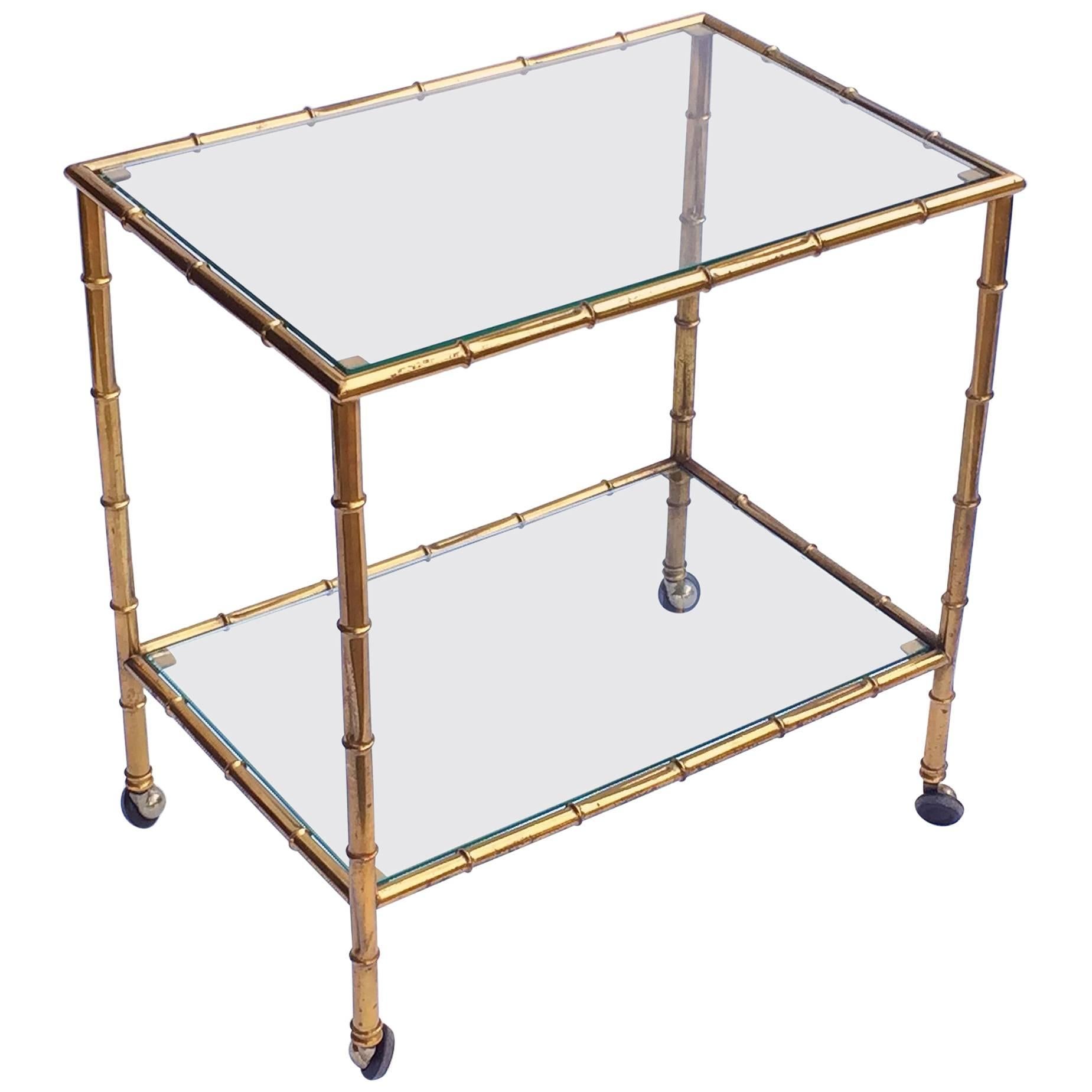 French Drinks Cart or Trolley of Brass and Glass with Bamboo Design