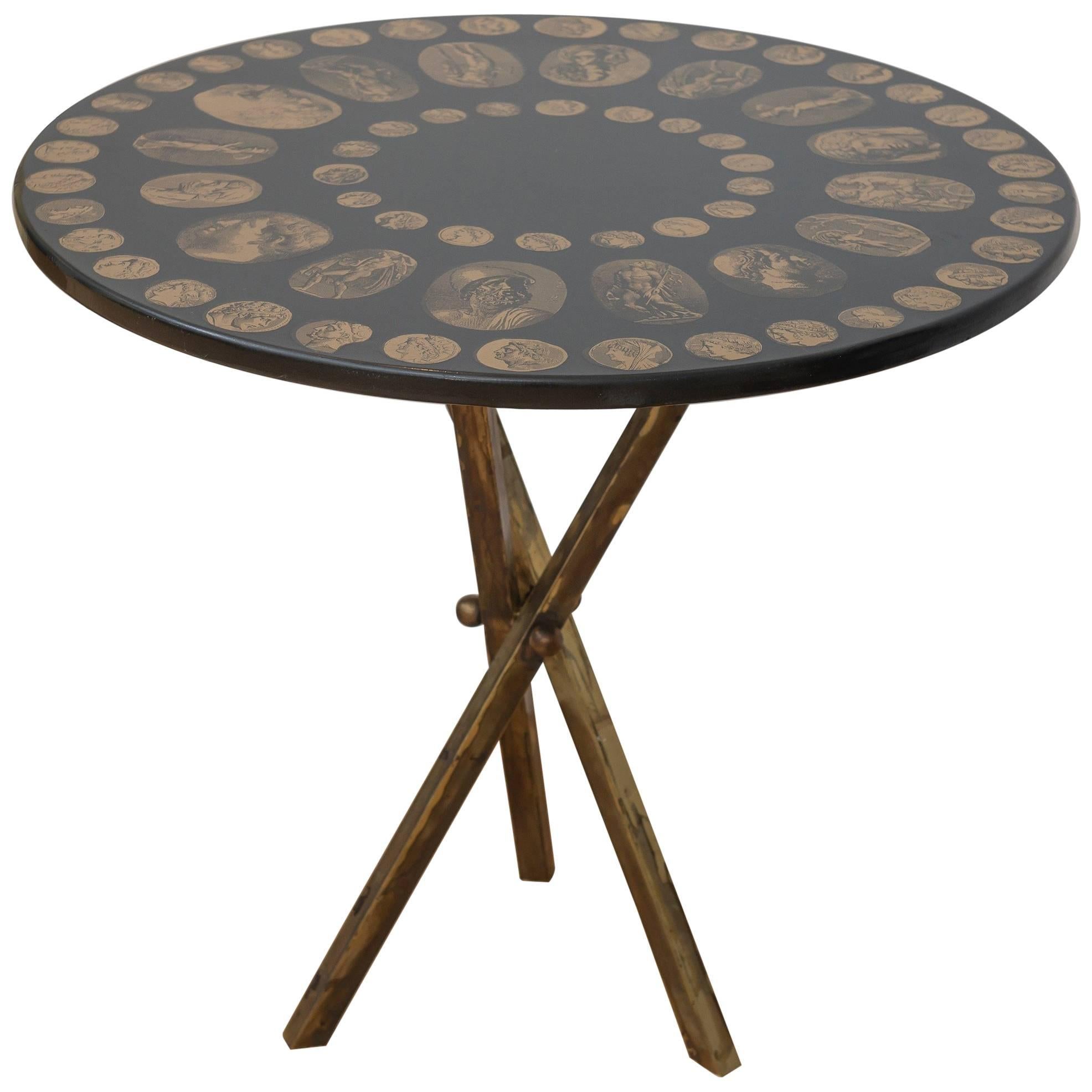 Fornasetti Black and Gold Italian Coin Table For Sale