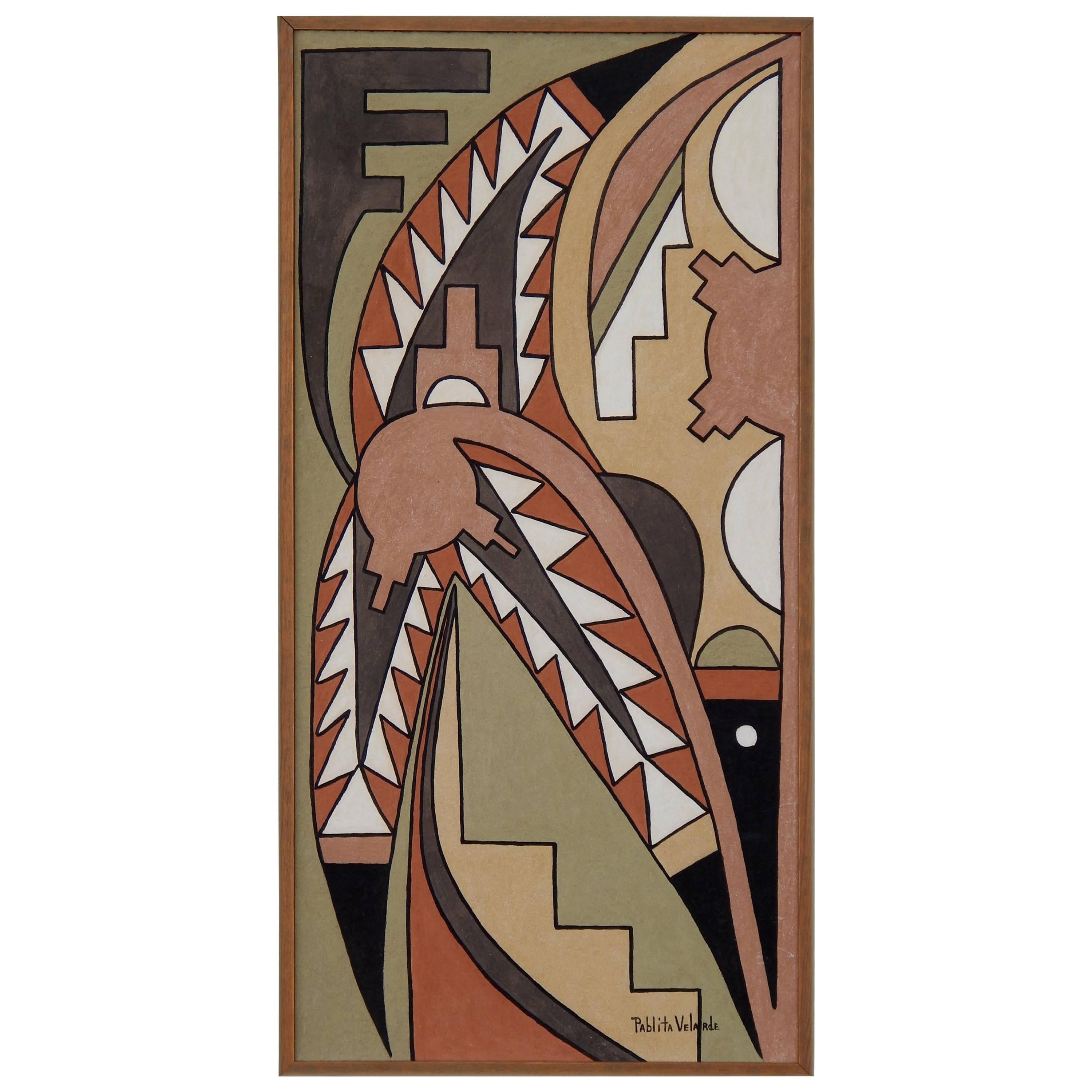 Pablita Velarde Pigment Painting with Native American Deco Motif, 1940s-1950s