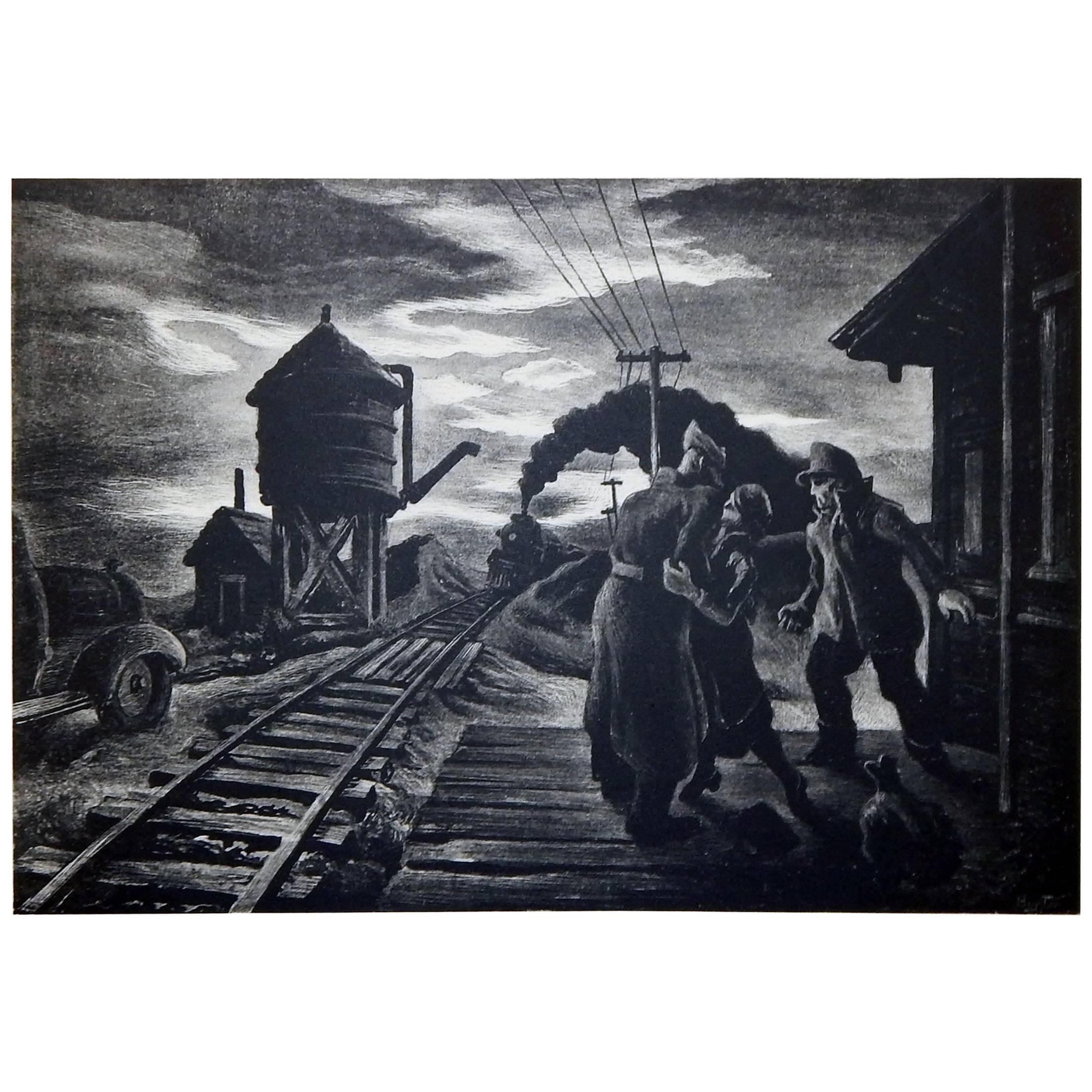Lithograph "Morning Train" by American Regionalist Thomas Hart Benton