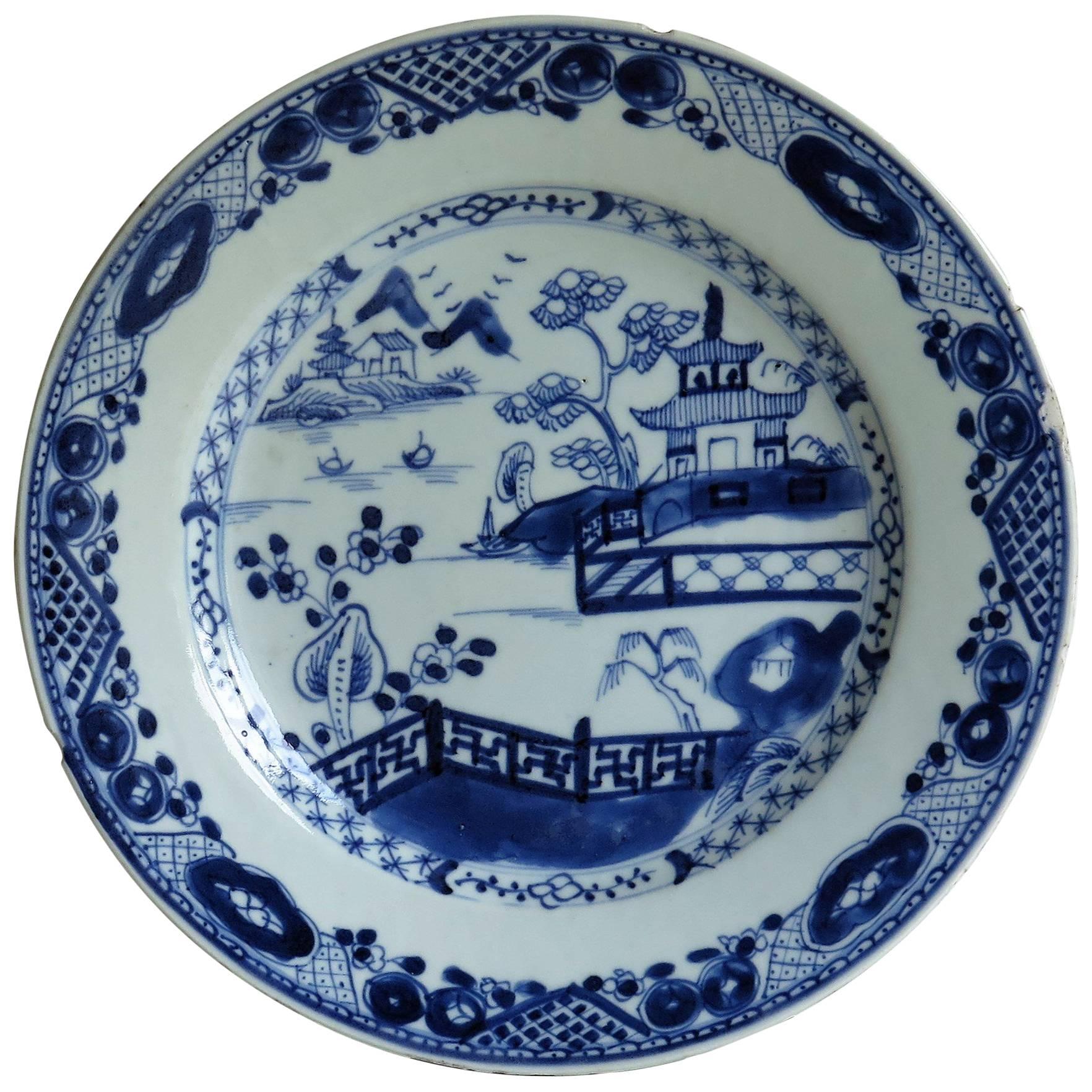 18th Century Chinese Blue and White Porcelain Plate, Lakeside Scene, circa 1780