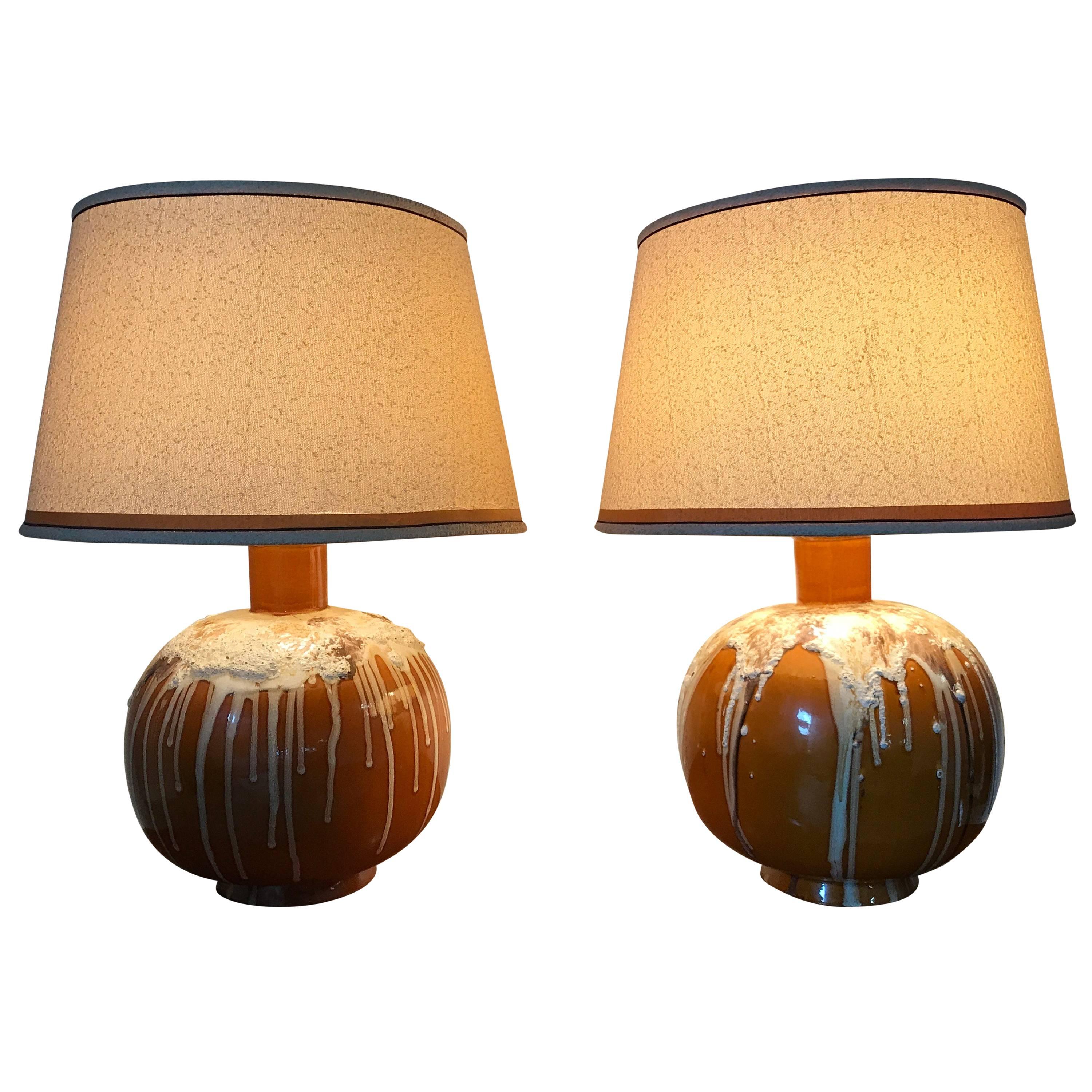 Large Mid-Century Modern Drip Glaze Italian Table Lamps