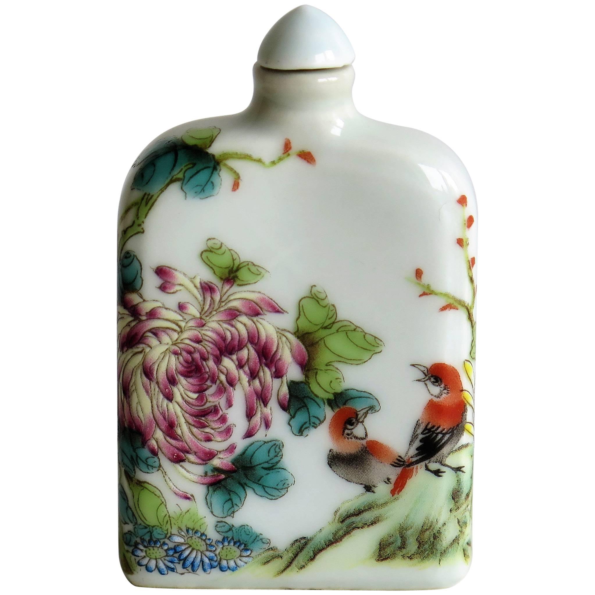 Chinese Porcelain Snuff Bottle Hand-Painted Birds and Flowers, Circa 1940s