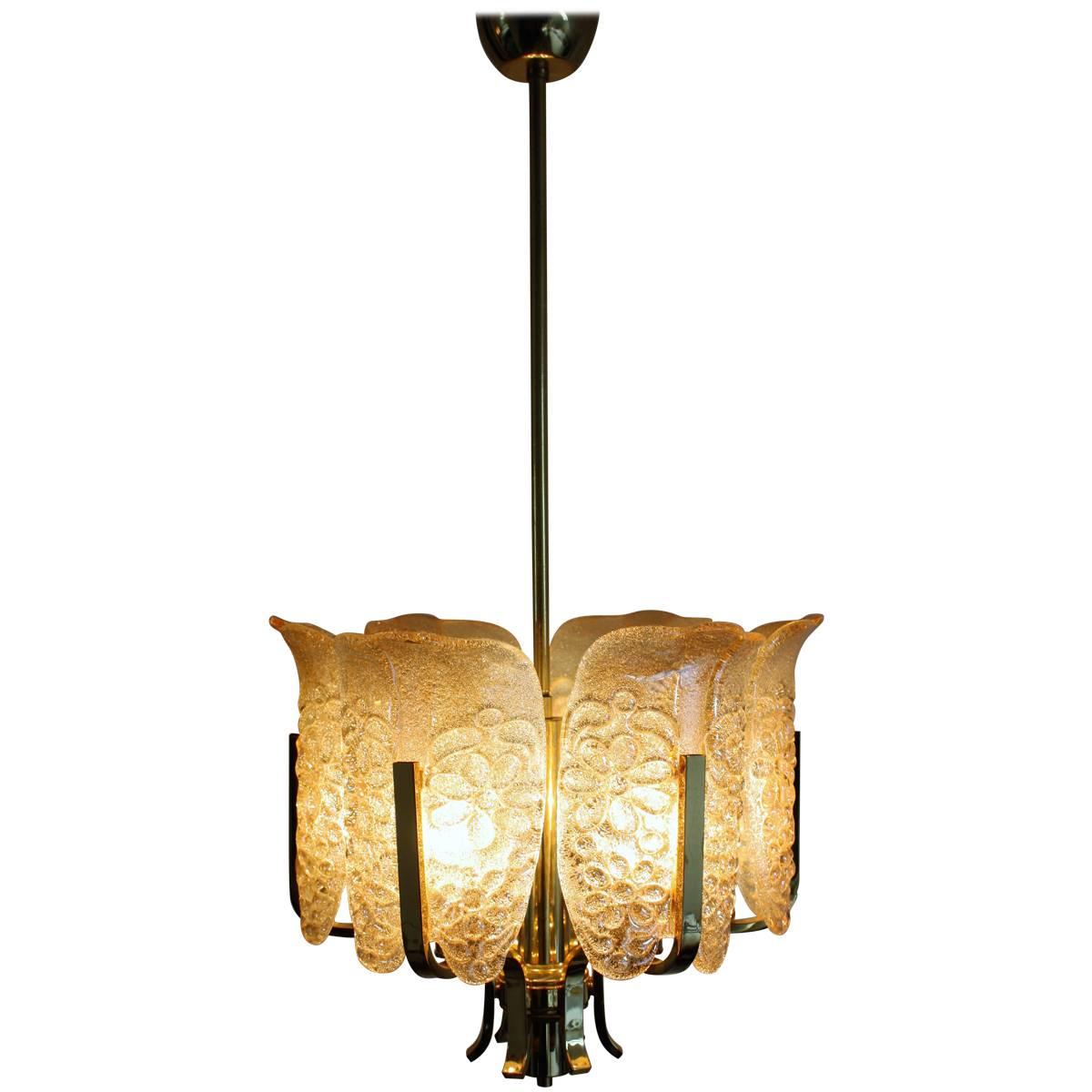 Amber Glass and Brass Chandelier by C. Fagerlund for Orrefors, circa 1960s For Sale