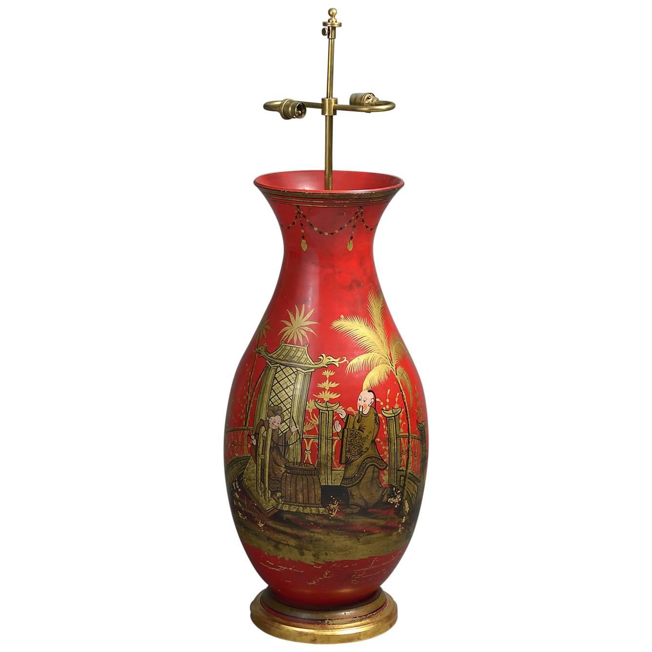 Very Large and Impressive Red Lacquer Chinoiserie Lamp