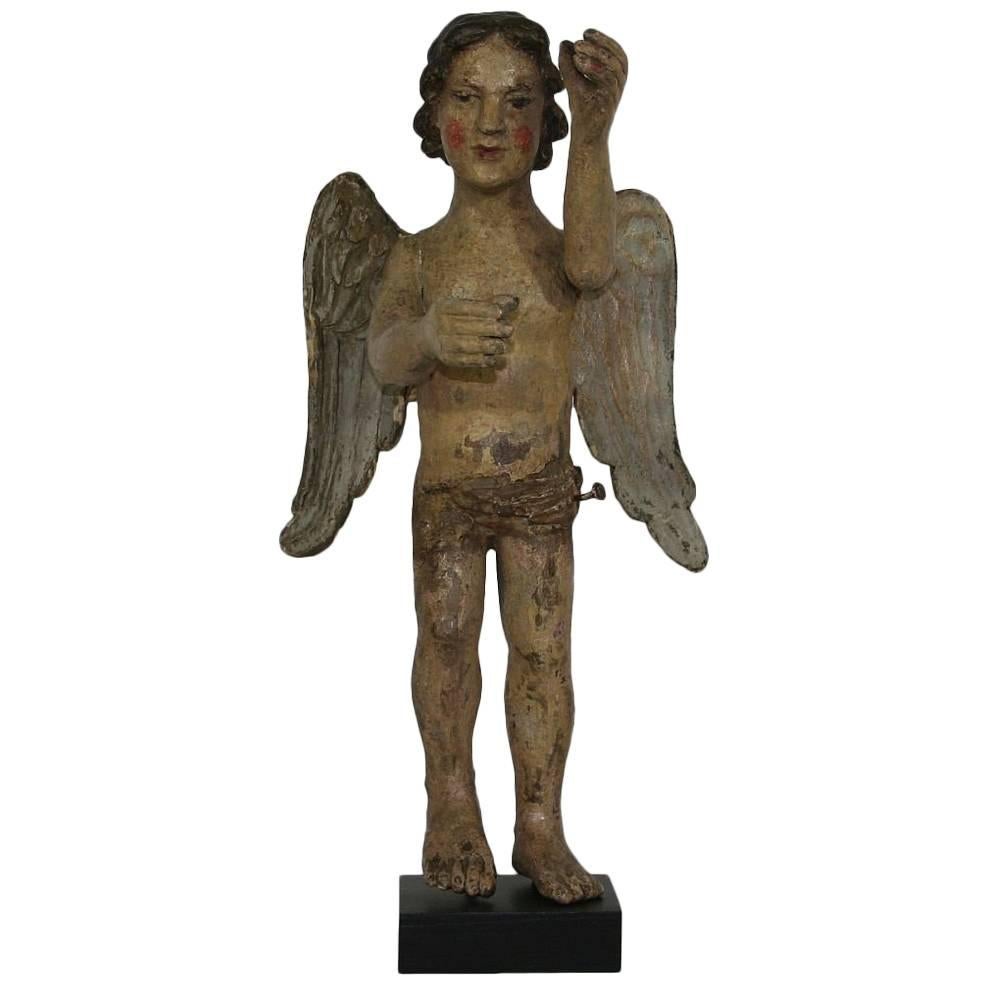18th Century French Folk Art Baroque Carved Wooden Standing Angel