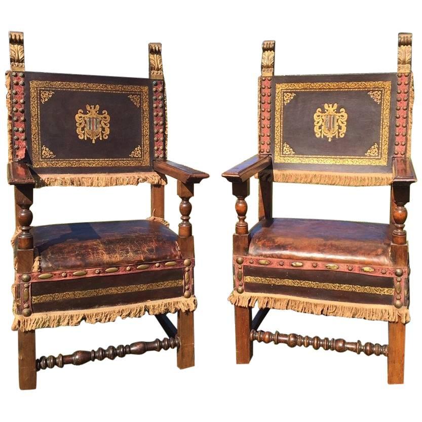 Super Dramatic Pair of Antique French Leather and Walnut Throne Chairs