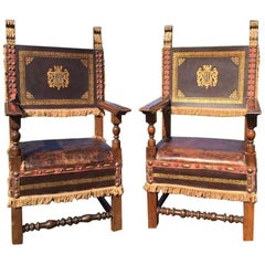 Super Dramatic Pair of Antique French Leather and Walnut Throne Chairs