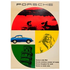 Original Oldtimer-Plakat mit Werbung für Porsche-Service in der ganzen Welt