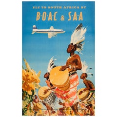 Original Vintage Airline Travel Poster - Fly To South Africa By BOAC & SAA