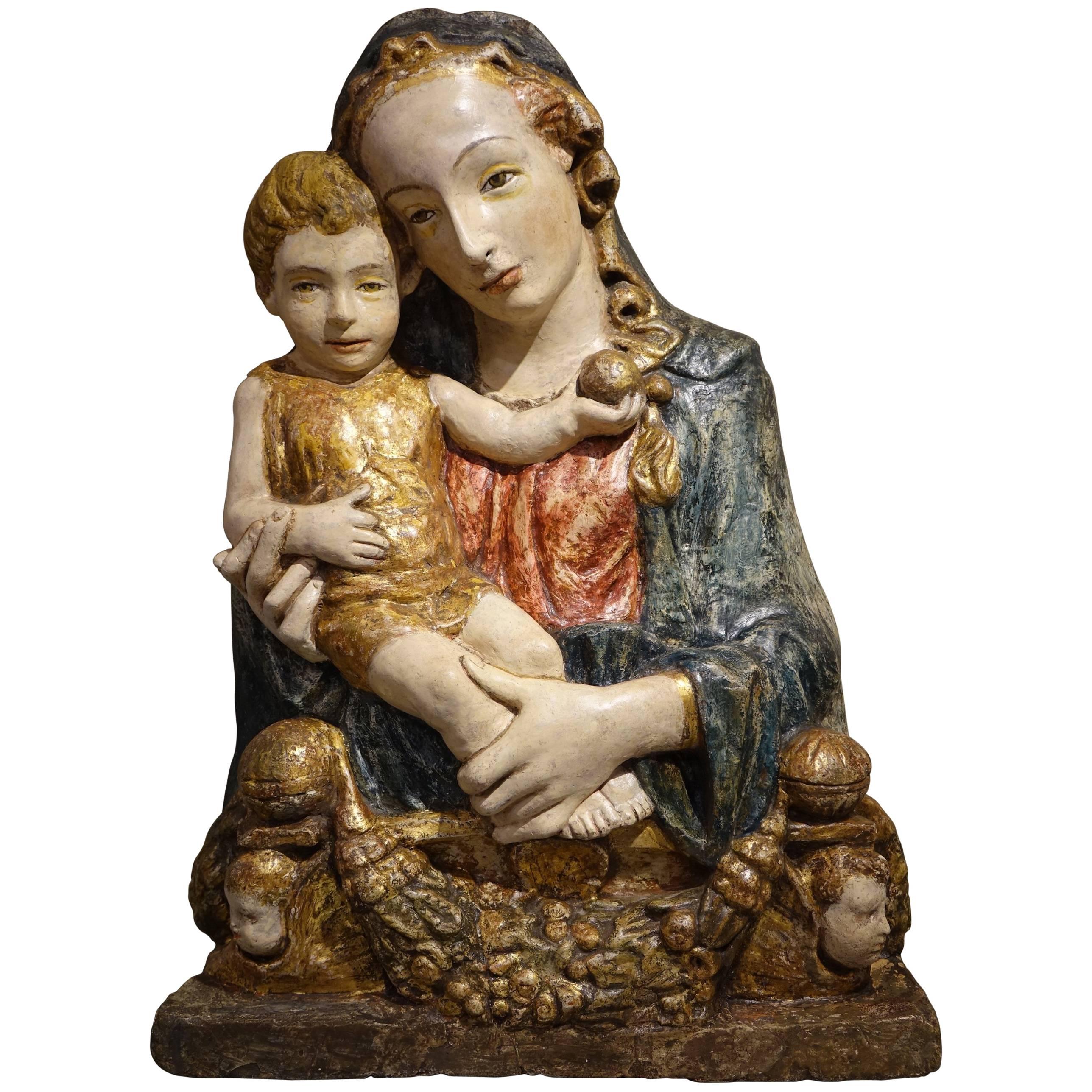 15th Century Polychrome and Parcel-Gilt Stucco Sculpture of Madonna and Child