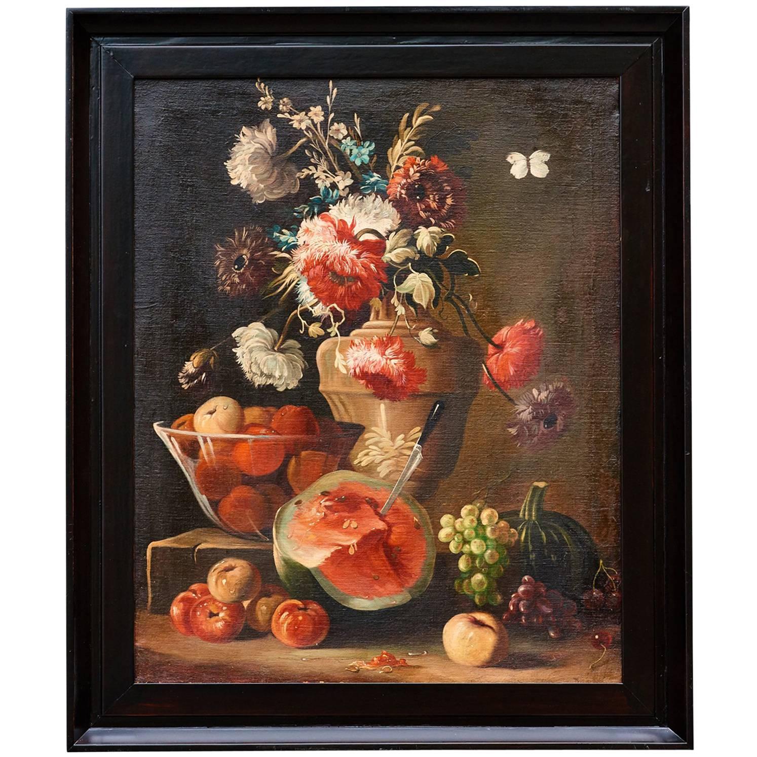 Italian Oil on Canvas Still Life of Flowers and Fruit, circa 1880