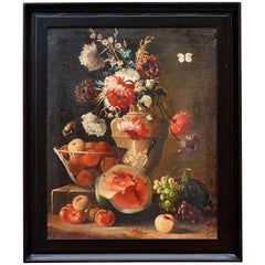 Italian Oil on Canvas Still Life of Flowers and Fruit, circa 1880 2