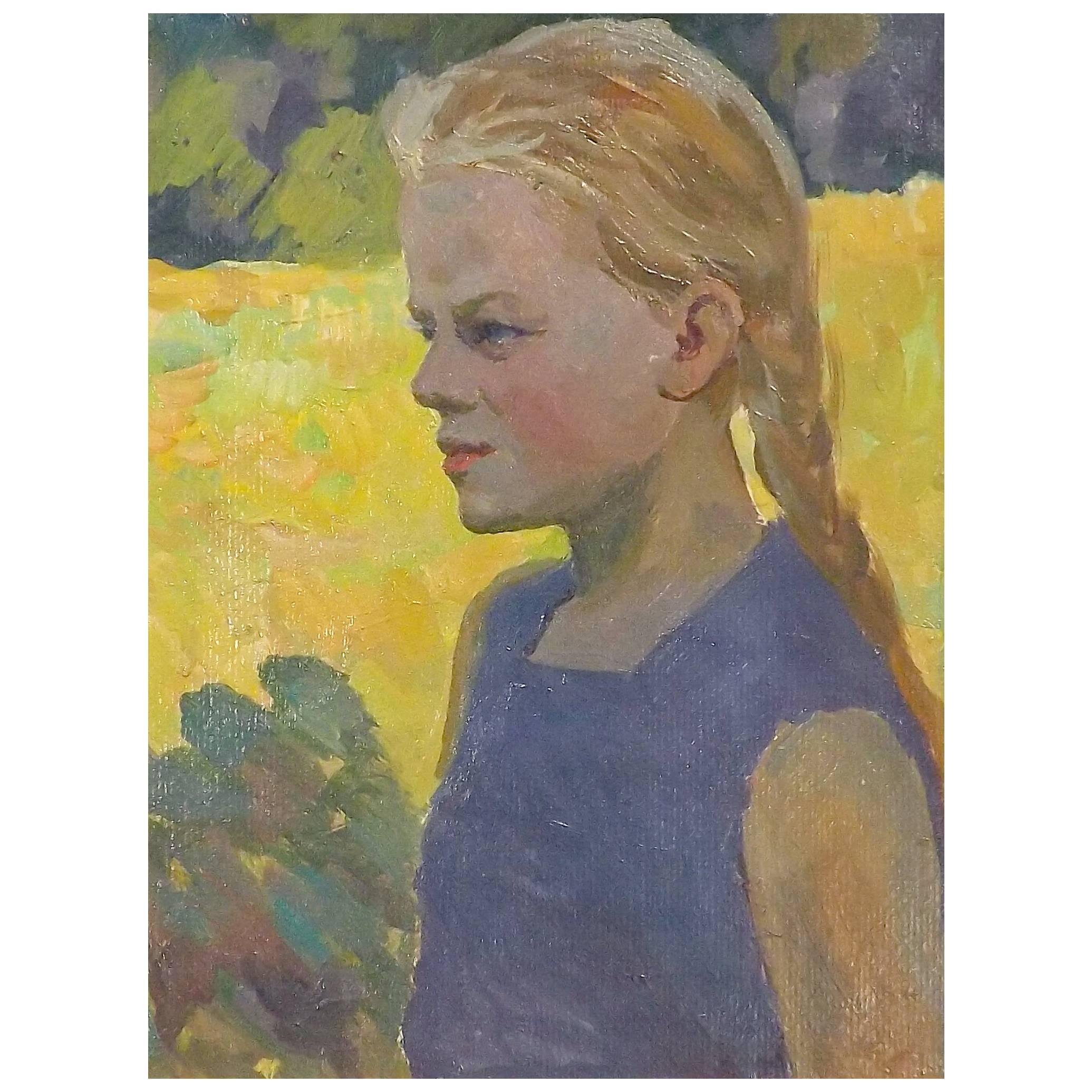 Girl with Braids Portrait by Soviet Era Artist Iosif Ilyin For Sale