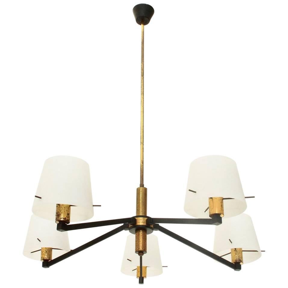 Italian Brass and Opaline Glass Ceiling Lamp