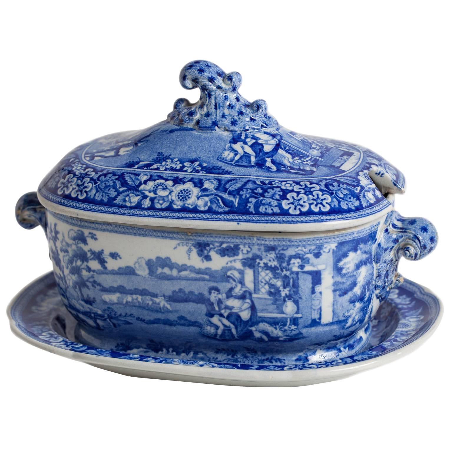 Three-Piece Blue and White Covered Sauceboat "The Blind Boy", circa 1840 For Sale
