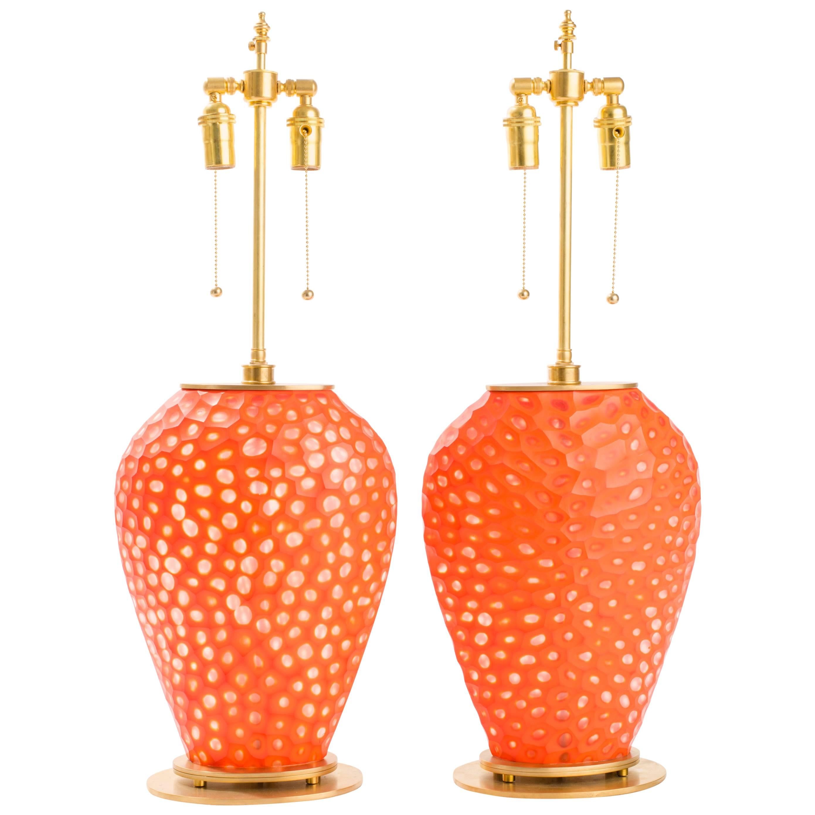Pair of Orange Art Glass Table Lamps