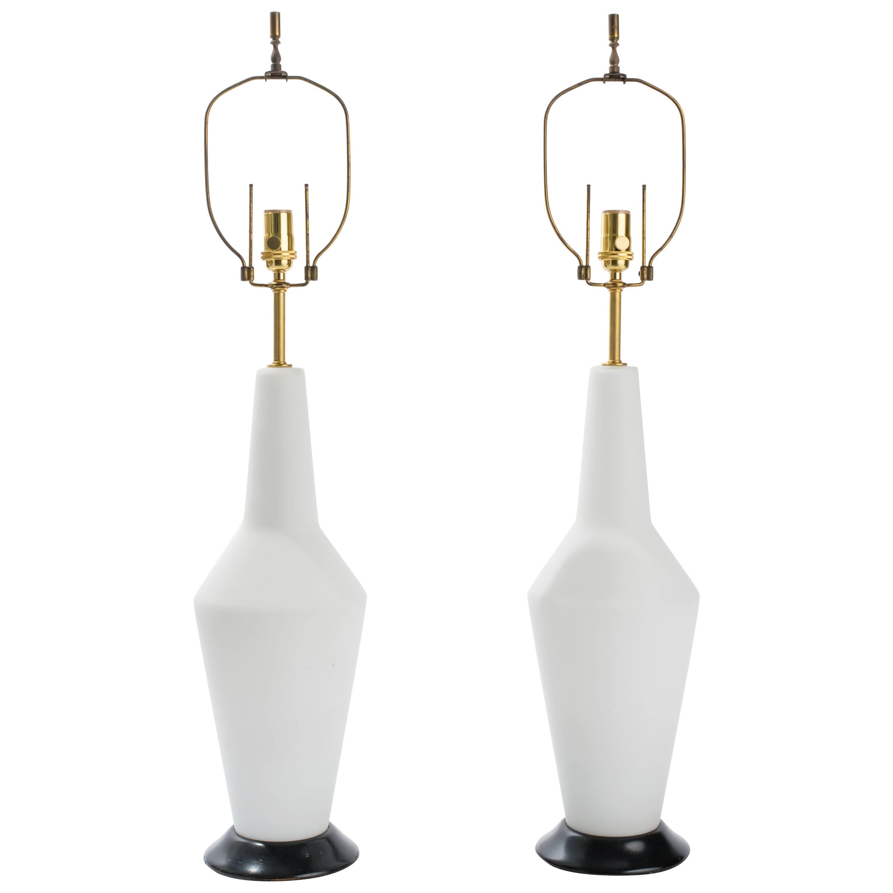 Pair of Midcentury Opaque White Glass Lamps For Sale