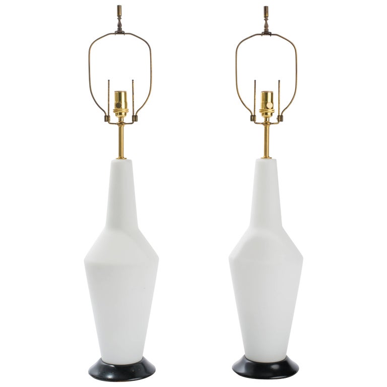 Pair of Midcentury Opaque White Glass Lamps For Sale at 1stDibs white