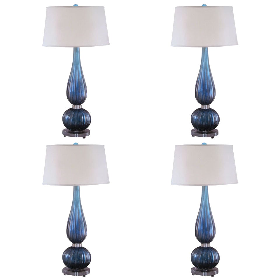 Paire de grandes lampes de bureau en verre de Murano bleu aqua de style vénitien, Barovier & Toso