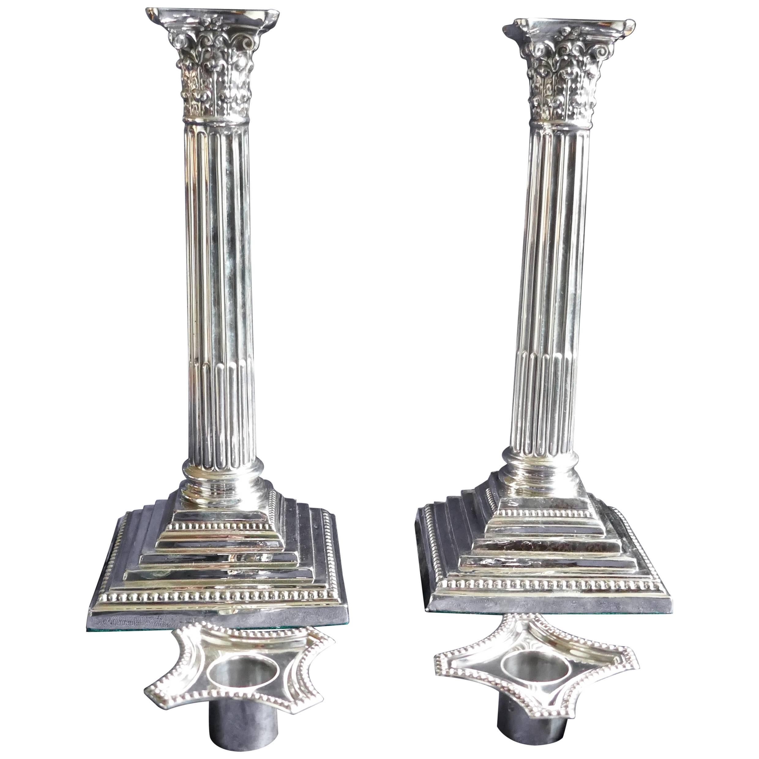  Pair of Classical Corinthian Column Silver Candlesticks Edwardian, 1910