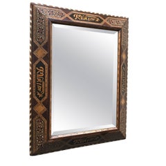 Early 1900 Mirror in a Hand-Crafted & Inlaid Moorish Arab Wooden Frame with Text