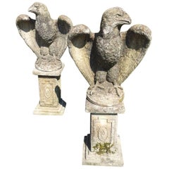 Impressive Pair of Cement Eagles on Pedestals